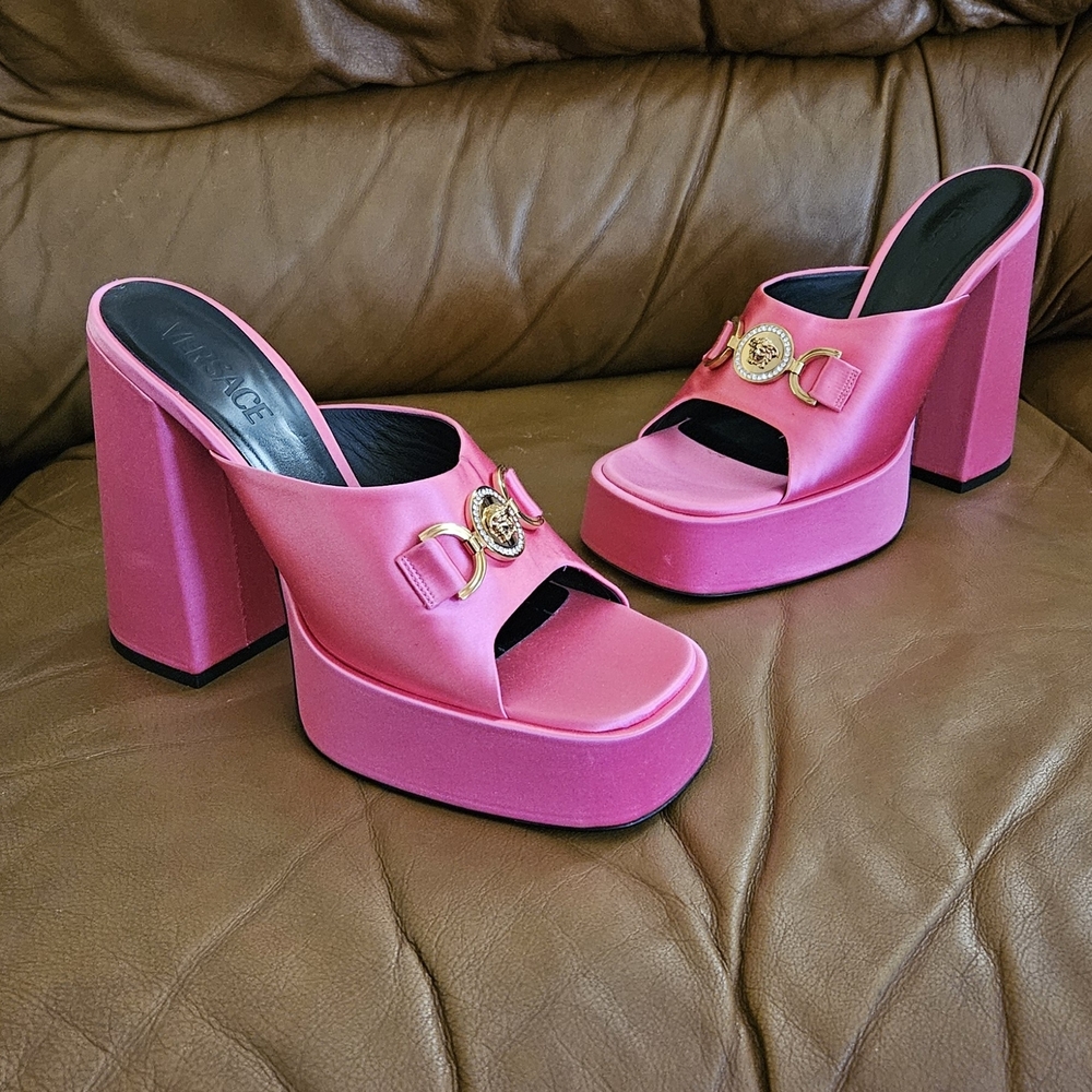 Versace Pink Satin High-End Luxury Platform Slide-In Heels Size 10 US (MINT)